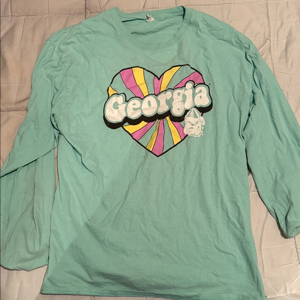 Hanes Women's Teal Long Sleeve Top with Georgia Heart Design